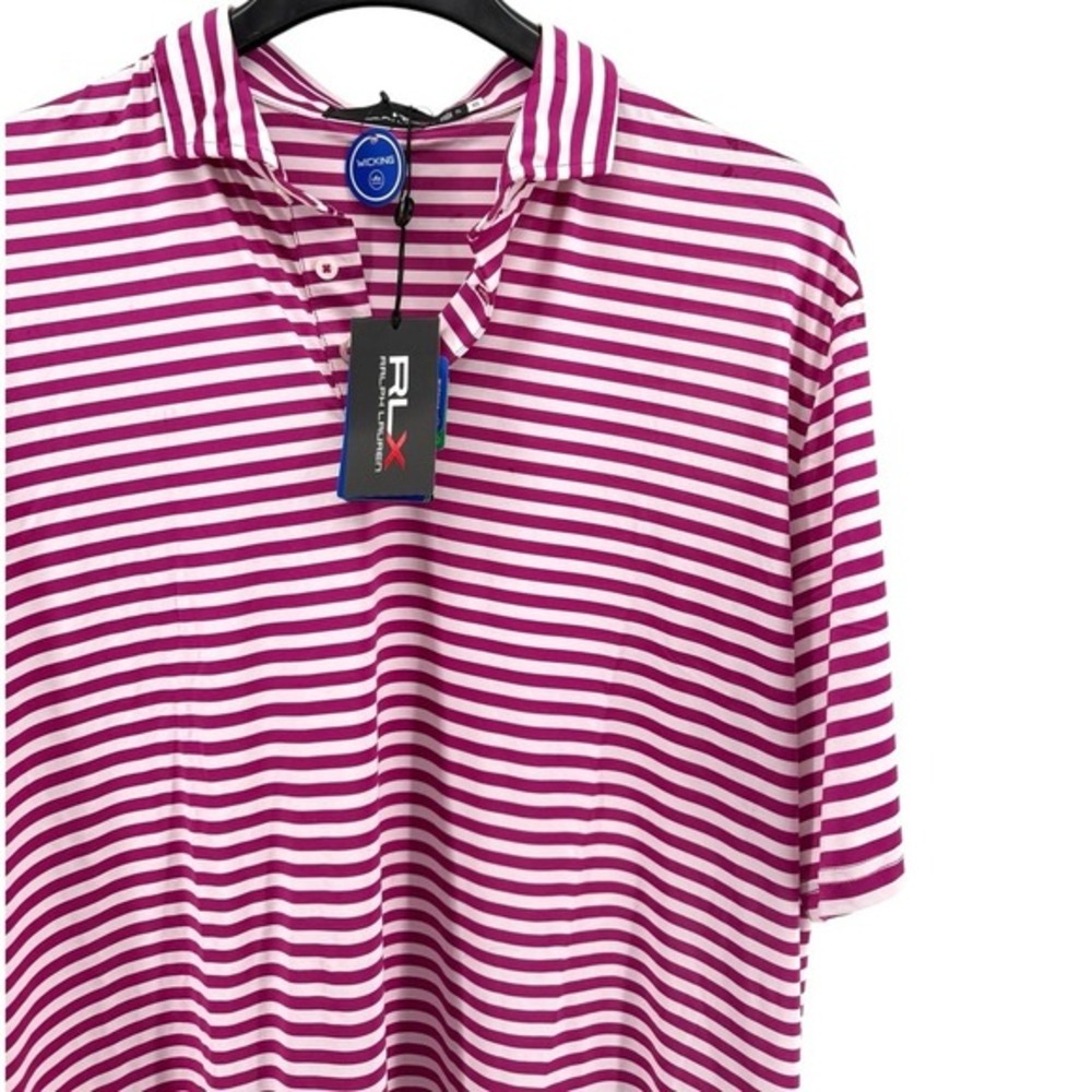 NEW RLX Ralph Lauren Mens XL Golf Performance Moisture Wicking Pink White Stripe